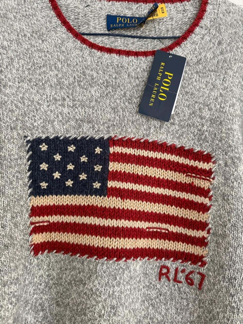 NWT Polo Ralph Lauren Gray Knit Wool Sweater with American Flag 🇺🇸 - Picture 2 of 7